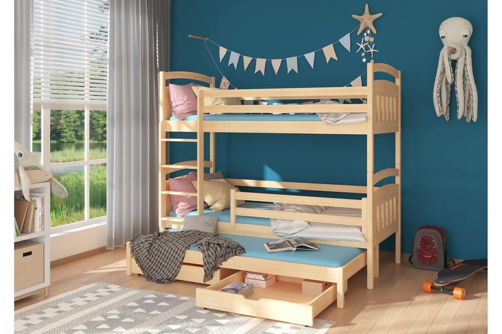 OLETA Våningssäng 90x200 cm Förvaring Lådor + Extrasäng Natu