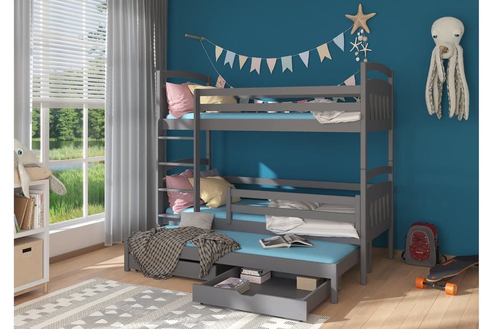 OLETA Våningssäng 90x200 cm Förvaring Lådor+Extrasäng Grafit