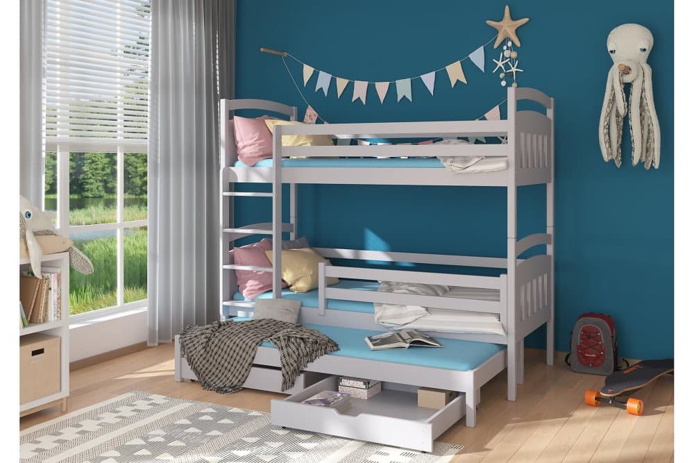 OLETA Våningssäng 90x200 cm m Förvaring Lådor+Extrasäng Askg