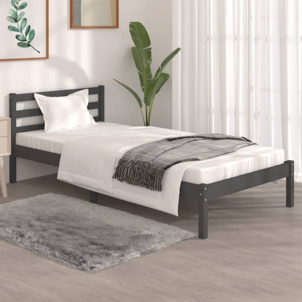 vidaXL Sängram massiv furu 90x190 cm grå 3FT