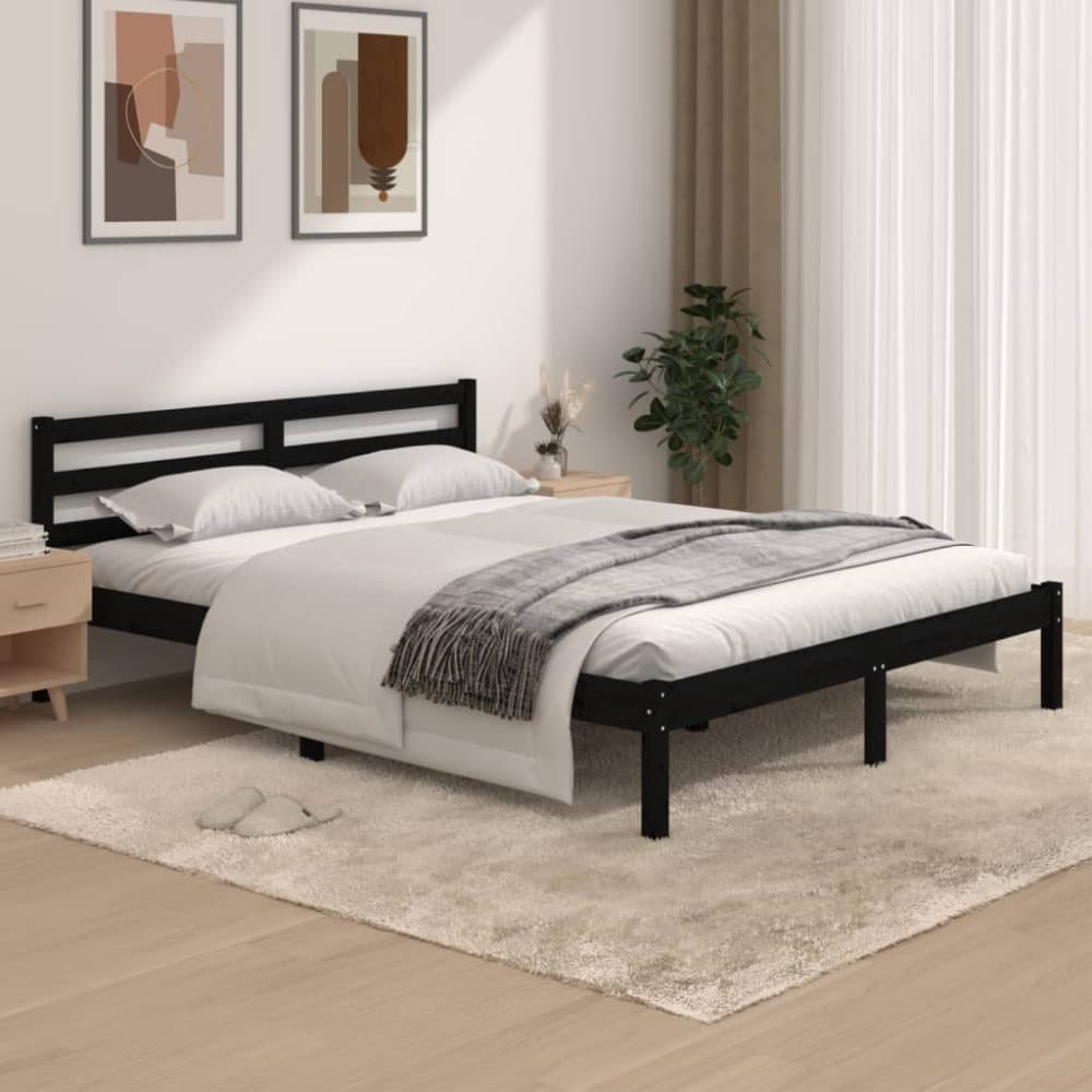 vidaXL Sängram massiv furu 150x200 cm svart 5FT