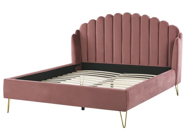 Lyserød Seng Betrukket med Velour 160 x 200 cm Retro Design Metalben Quiltet Sengegavl