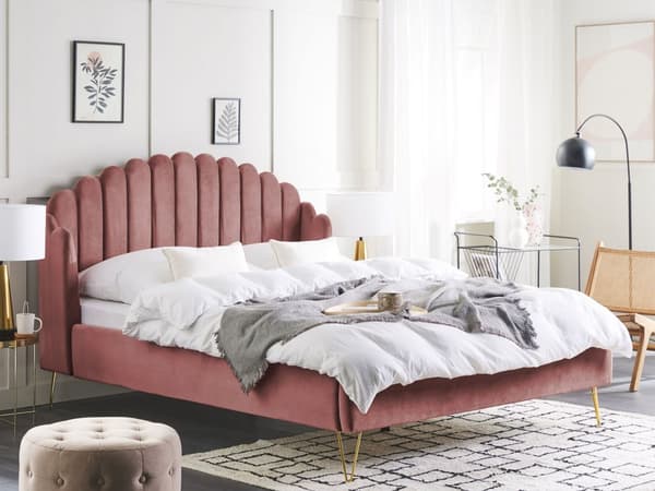 Lyserød Seng Betrukket med Velour 160 x 200 cm Retro Design Metalben Quiltet Sengegavl