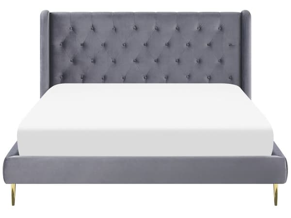 Seng Grå Velour Stof Guld Metalben 140 x 200 cm 1 5 mands Seng med Sengegavl Knap Tuftet Minimalistisk Skandinavisk Moderne Design