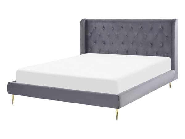 Seng Grå Velour Stof Guld Metalben 140 x 200 cm 1 5 mands Seng med Sengegavl Knap Tuftet Minimalistisk Skandinavisk Moderne Design