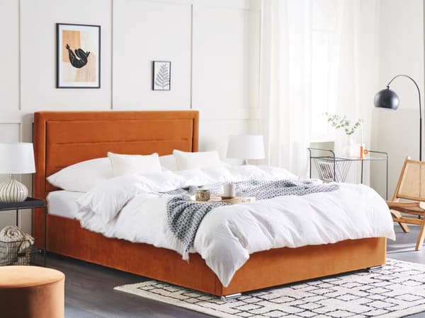 Seng Orange Velour 160 x 200 cm Moderne Dobbeltseng med Opbevaring Design Retro Sengeramme med Lamelbund til Soveværelse