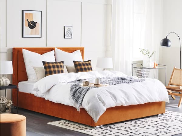 Seng Orange Velour 160 x 200 cm Moderne Dobbeltseng med Opbevaring Design Retro Sengeramme med Lamelbund til Soveværelse