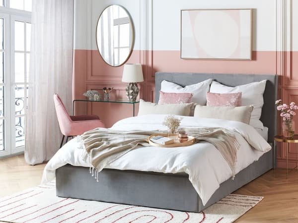 Skammel Grå Velour Sengegavl Opbevaringsfunktion Moderne Design