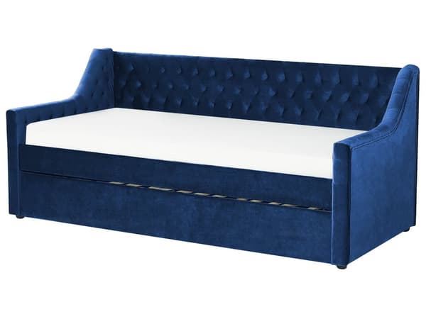 Sovesofa Blå Velour 90 x 200 cm Dekorativ Sofaseng Tuftet Quiltet Ryglæn med Knapper Udtræksseng Design til Pigeværelse Inspiration