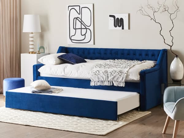 Sovesofa Blå Velour 90 x 200 cm Dekorativ Sofaseng Tuftet Quiltet Ryglæn med Knapper Udtræksseng Design til Pigeværelse Inspiration