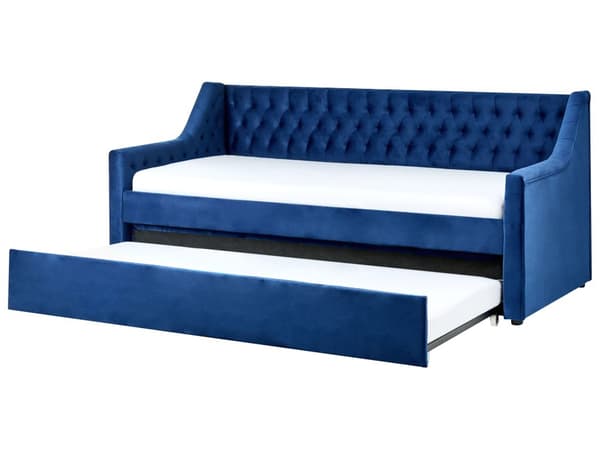 Sovesofa Blå Velour 90 x 200 cm Dekorativ Sofaseng Tuftet Quiltet Ryglæn med Knapper Udtræksseng Design til Pigeværelse Inspiration