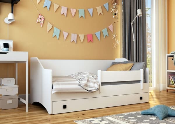 Børnesenge med madrasog opbevaringskasse 160x80cm Apsel hvid møbelplade