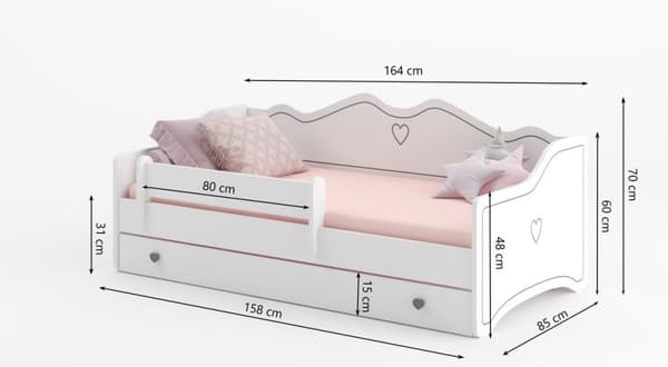 Børnesenge med madrasog opbevaringskasse 160x80cm Emmi hvid møbelplade