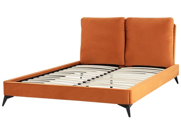 Seng Orange Velour 140 x 200 cm Dekorativ Tre Kvart Seng med Rygpuder Sengegavl Halvanden Mands Kvalitetseng til Teenageværelse Design