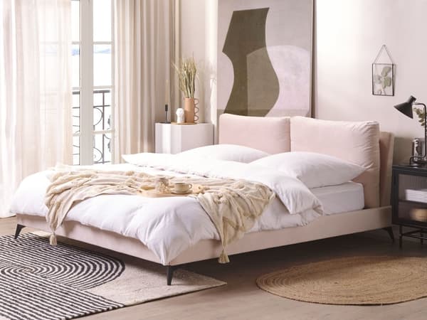 Dobbeltseng Lyserød Velour 180 x 200 cm Dekorativ Polstret Seng med Rygpuder Sengegavl Moderne Voksen Kvalitetseng til Teenageværelse Design