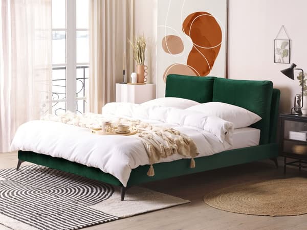 Dobbeltseng Grøn Velour 160 x 200 cm Dekorativ Polstret Seng med Rygpuder Sengegavl Moderne Voksen Kvalitetseng til Teenageværelse Design