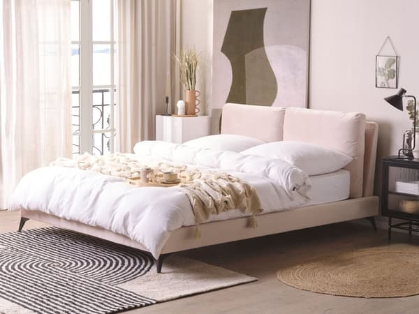 Dobbeltseng Lyserød Velour 160 x 200 cm Dekorativ Polstret Seng med Rygpuder Sengegavl Moderne Voksen Kvalitetseng til Teenageværelse Design