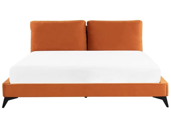 Dobbeltseng Orange Velour 180 x 200 cm Dekorativ Polstret Seng med Rygpuder Sengegavl Moderne Voksen Kvalitetseng til Teenageværelse Design