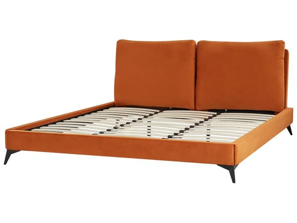 Dobbeltseng Orange Velour 180 x 200 cm Dekorativ Polstret Seng med Rygpuder Sengegavl Moderne Voksen Kvalitetseng til Teenageværelse Design