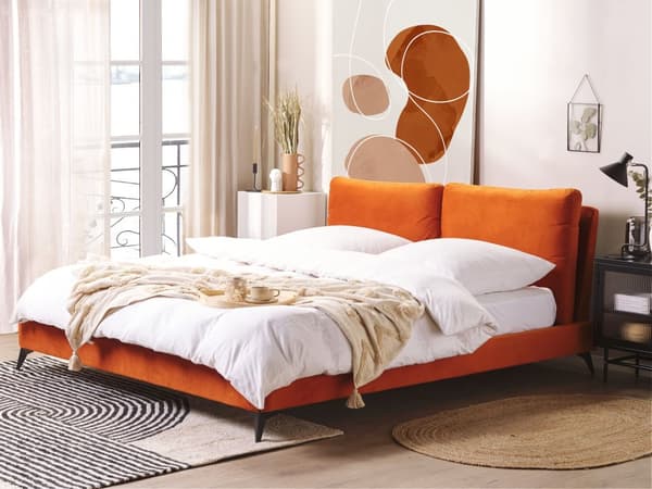 Dobbeltseng Orange Velour 180 x 200 cm Dekorativ Polstret Seng med Rygpuder Sengegavl Moderne Voksen Kvalitetseng til Teenageværelse Design