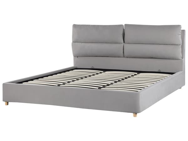 Dobbeltseng i Grå Velour 180 x 200 cm Stor Seng med Opbevaring til Dyner og Puder Sengegavl Soveværelse Indretning