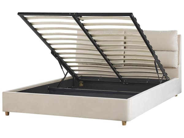 Dobbeltseng i Beige Velour 160 x 200 cm Stor Seng med Opbevaring til Dyner og Puder Sengegavl Soveværelse Indretning