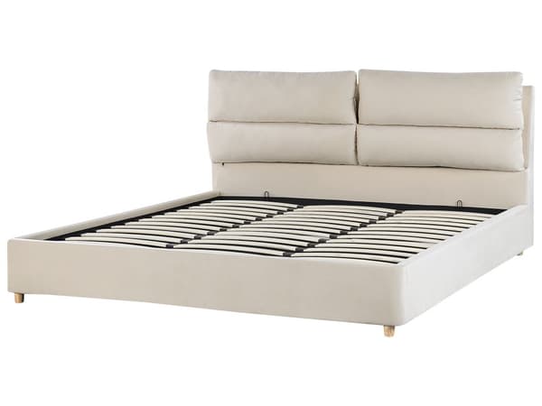 Dobbeltseng i Beige Velour 180 x 200 cm Stor Seng med Opbevaring til Dyner og Puder Sengegavl Soveværelse Indretning