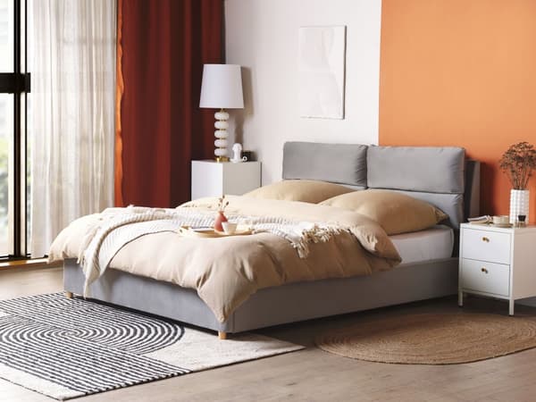 Dobbeltseng i Grå Velour 160 x 200 cm Stor Seng med Opbevaring til Dyner og Puder Sengegavl Soveværelse Indretning