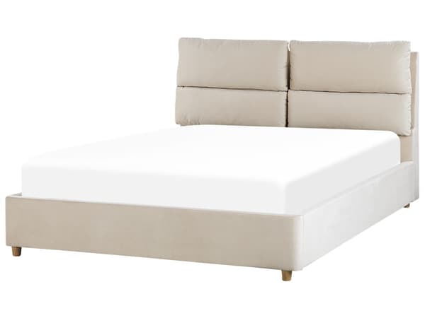 Parisänky vaalea beige sametti verhoiltu puu 140 x 200 cm sälepohja säilytystila pehmustettu pääty moderni