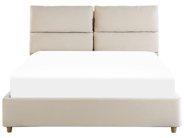 Parisänky vaalea beige sametti verhoiltu puu 140 x 200 cm sälepohja säilytystila pehmustettu pääty moderni