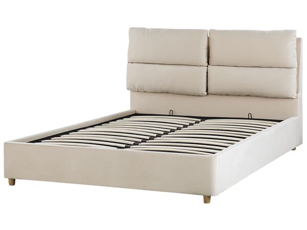 Parisänky vaalea beige sametti verhoiltu puu 140 x 200 cm sälepohja säilytystila pehmustettu pääty moderni