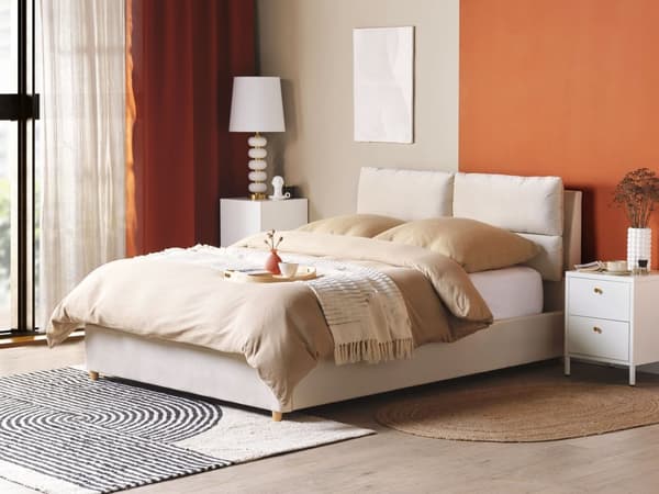 Parisänky vaalea beige sametti verhoiltu puu 140 x 200 cm sälepohja säilytystila pehmustettu pääty moderni