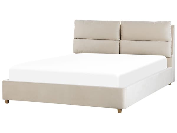 Parisänky vaalea beige sametti verhoiltu puu 160 x 200 cm sälepohja säilytystila pehmustettu pääty moderni