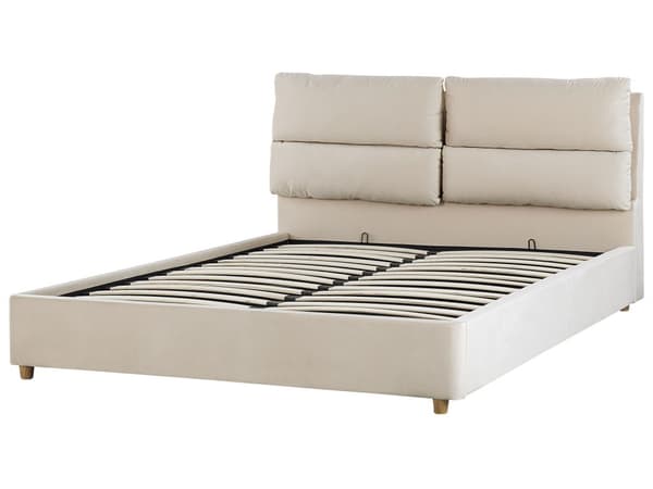 Parisänky vaalea beige sametti verhoiltu puu 160 x 200 cm sälepohja säilytystila pehmustettu pääty moderni