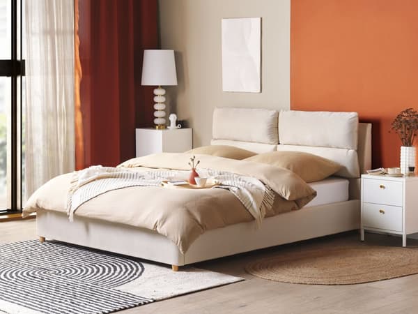 Parisänky vaalea beige sametti verhoiltu puu 160 x 200 cm sälepohja säilytystila pehmustettu pääty moderni