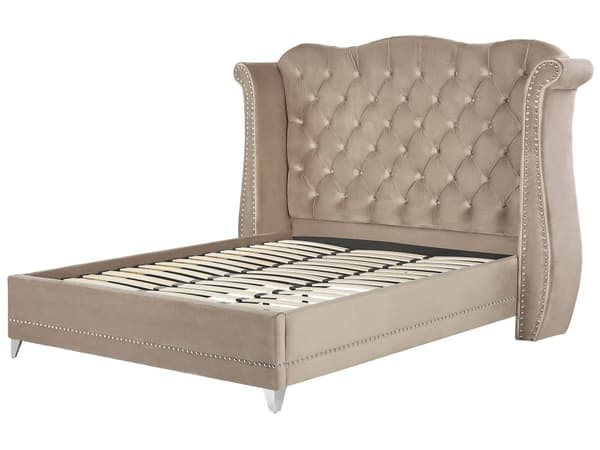 Sengeramme Taupe Velour Lamelbund Knap Tuftet Sengegavl