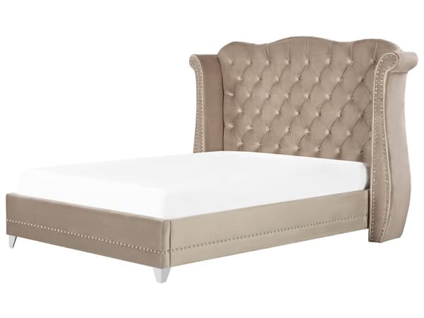 Sengeramme Taupe Velour Lamelbund Knap Tuftet Sengegavl