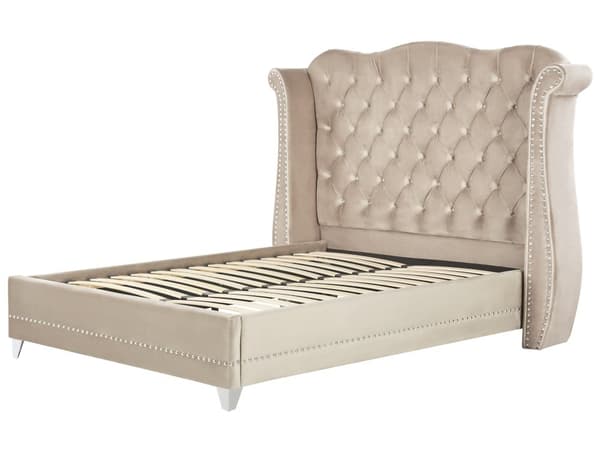 Sengeramme Beige Velour Lamelbund Knap Tuftet