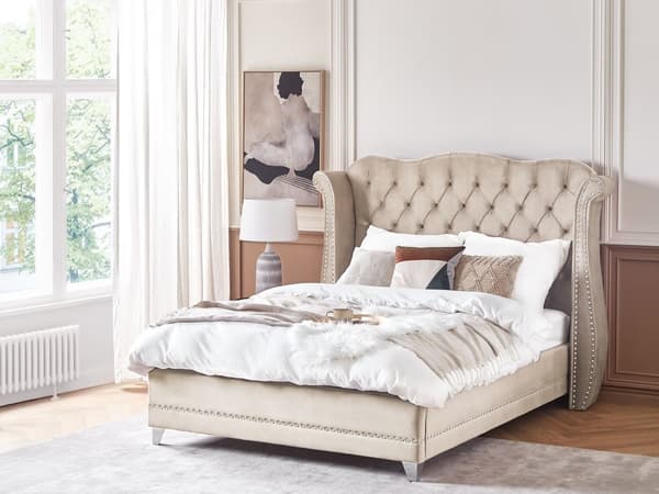 Sengeramme Beige Velour Lamelbund Knap Tuftet