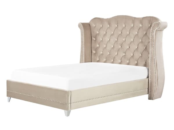 Sengeramme Beige Velour Lamelbund Knap Tuftet