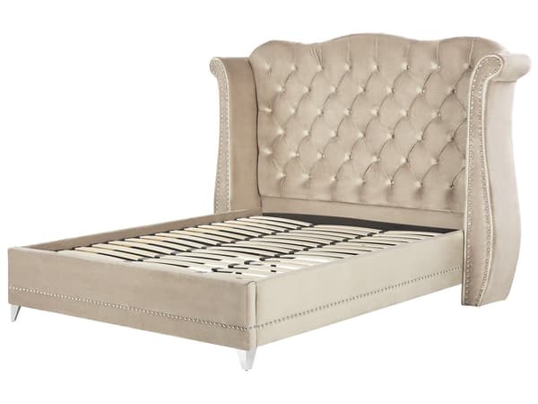 Dubbelsäng Beige Sammet 180 x 200 cm Lamellbas Knappar Klädd Huvudgavel Dekorativ