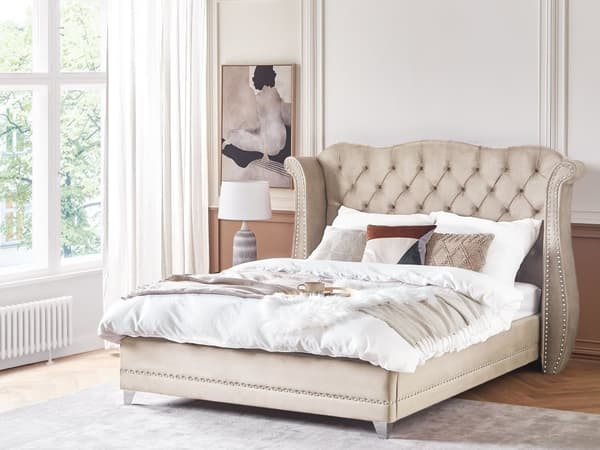 Dubbelsäng Beige Sammet 180 x 200 cm Lamellbas Knappar Klädd Huvudgavel Dekorativ
