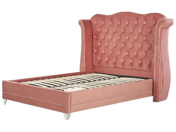 Dubbelsäng Rosa Sammet 160 x 200 cm Lamellbas Knappar Klädd Huvudgavel Dekorativ