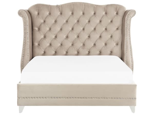 Dubbelsäng Beige Sammet 140 x 200 cm Lamellbas Knappar Klädd Huvudgavel Dekorativ