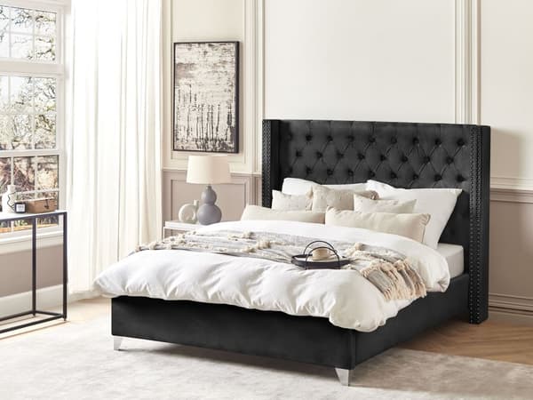 Lamelseng Stel Sort Velour 160 x 200 cm Polstret tuftet nakkestøtte