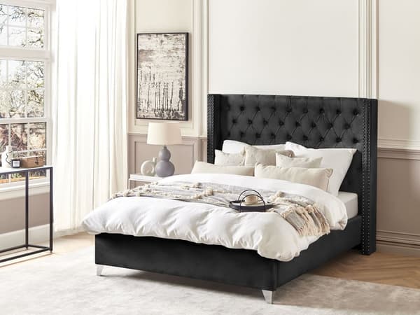 Lamelseng Stel Sort Velour 140 x 200 cm polstret tuftet nakkestøtte
