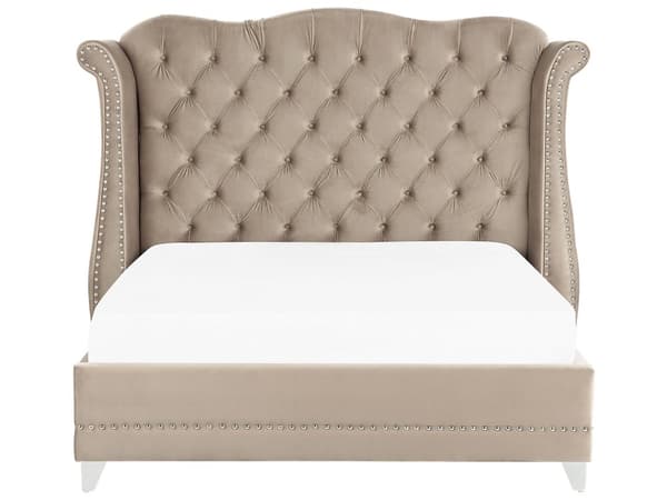 Parisänky ruskeanharmaa sametti verhoiltu puu 180 x 200 cm sälepohja napitettu verhoilunaulat glamour retro tyyli