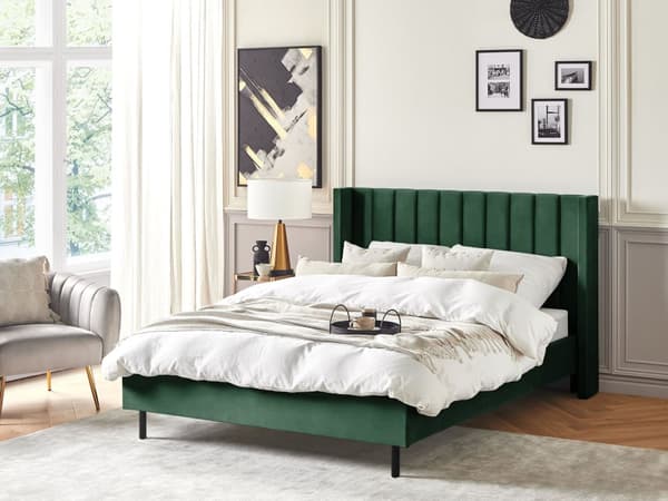 Parisänky tummanvihreä sametti verhoiltu metallijalat 140 x 200 cm sälepohja tikattu pääty moderni tyyli