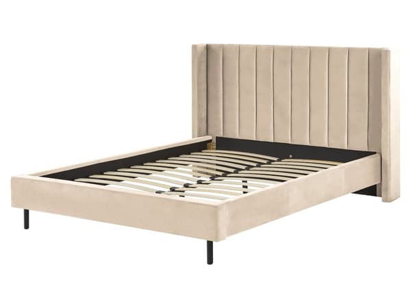 Parisänky beige sametti verhoiltu metallijalat 160 x 200 cm sälepohja tikattu pääty moderni tyyli