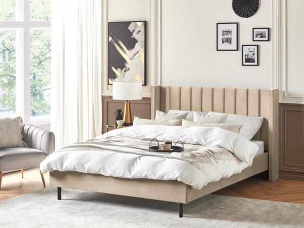 Parisänky beige sametti verhoiltu metallijalat 160 x 200 cm sälepohja tikattu pääty moderni tyyli
